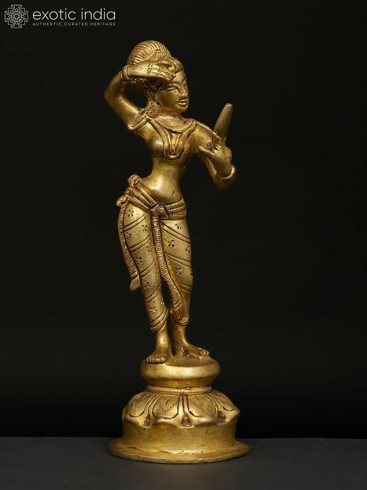 6" A Young Lady Applying Vermilion (A Sculpture Inspired by Khajuraho) | Handmade Brass Idol