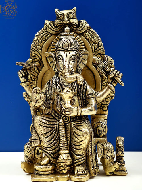6" Handmade Enthroned Ganesha Brass Sculpture for Pooja