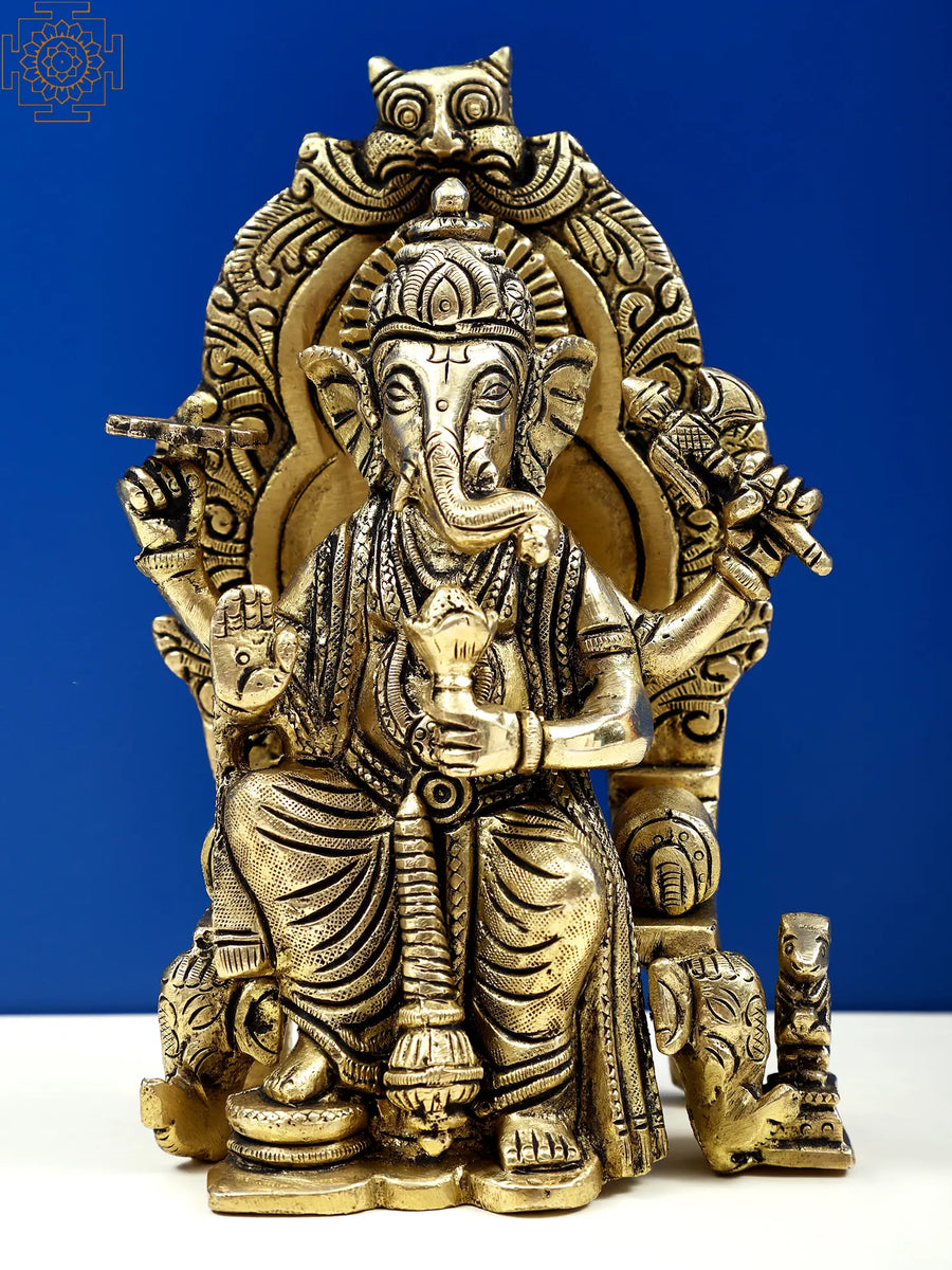 6" Handmade Enthroned Ganesha Brass Sculpture for Pooja