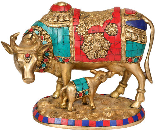 8" Cow and Calf Brass Statue - Sacred Indian Handmade Idol