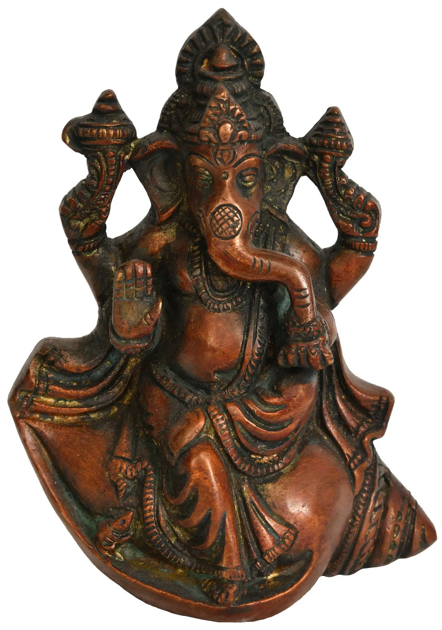 5" Handmade Brass Ganesha Statue Seated on Conch