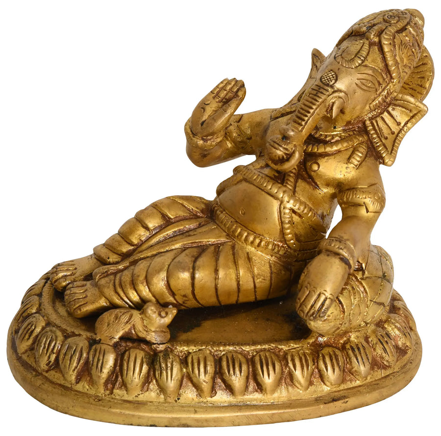 5" Relaxing Ganesha Handmade Brass Sculpture