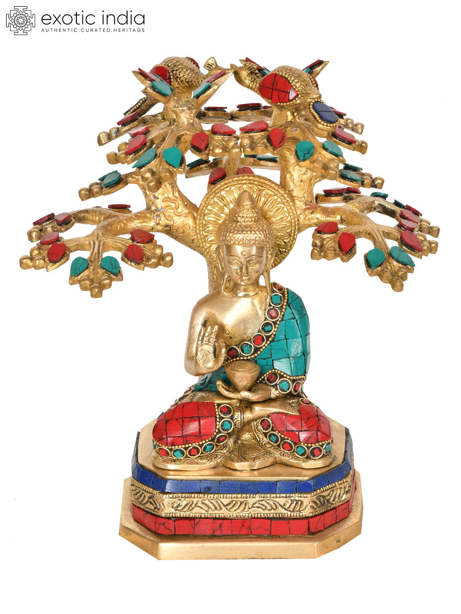9" Lord Buddha Under Bodhi Tree Brass Statue Handmade