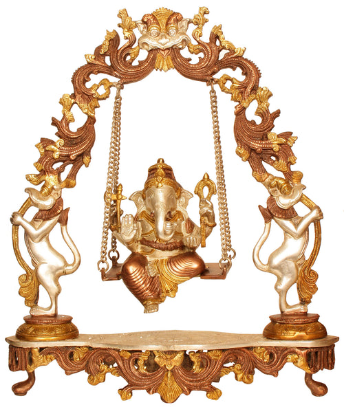18" Handmade Lord Ganesha Swing Statue with Kirtimukha in Brass