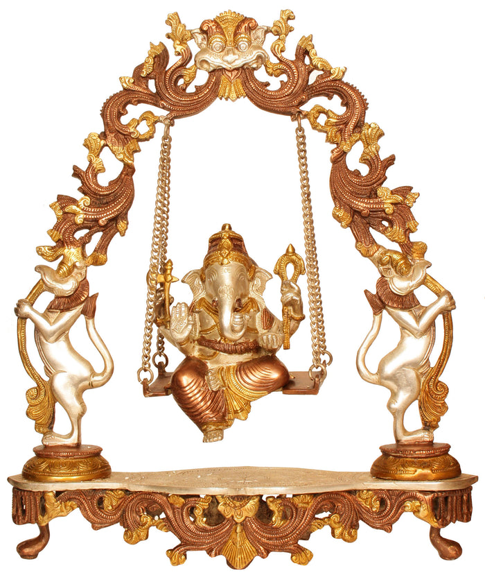18" Handmade Lord Ganesha Swing Statue with Kirtimukha in Brass