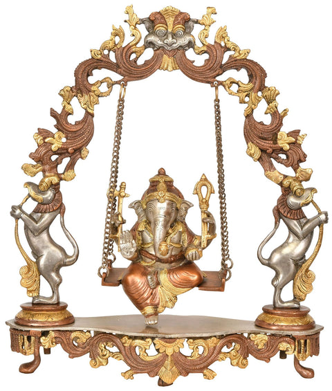 18" Lord Ganesha Statue on a Swing with Kirtimukha atop in Brass | Handmade | Made in India