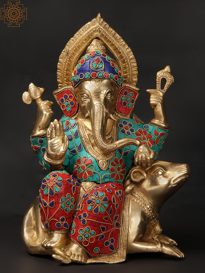 12" Handmade Lord Ganesha Seated on Rat Brass Statue