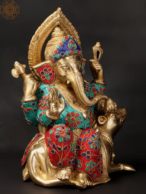 12" Lord Ganesha Seated on Rat In Brass | Handmade | Made In India