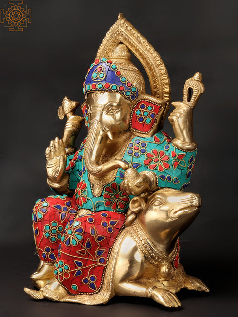 12" Lord Ganesha Seated on Rat In Brass | Handmade | Made In India