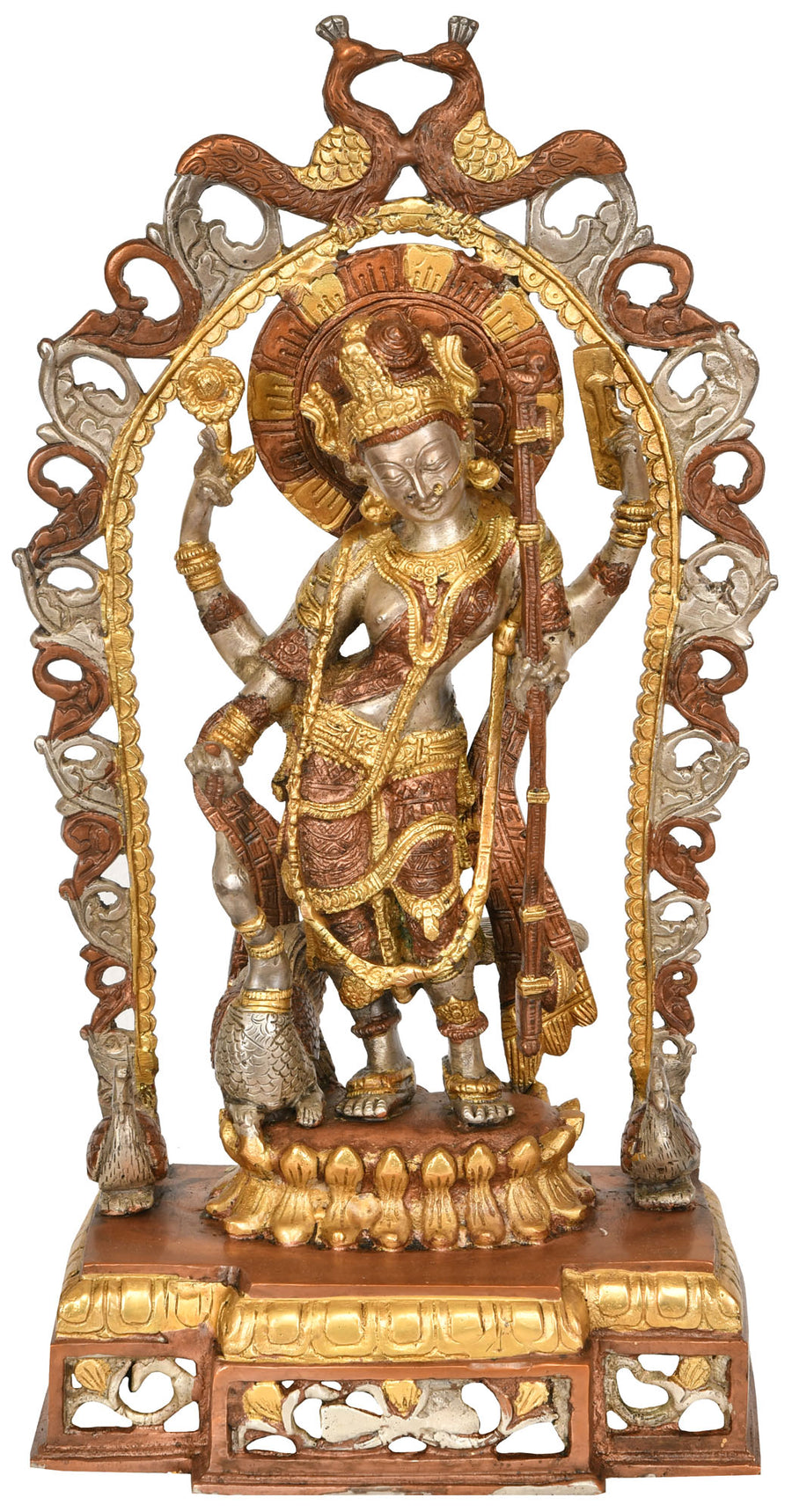 17" Standing Goddess Saraswati with Peacock Brass Statue Handmade