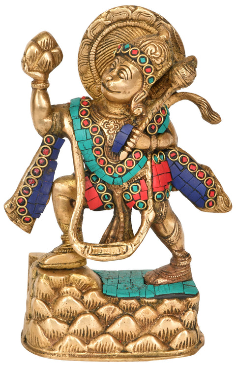 7" Lord Hanuman Brass Idol Lifting the Sanjivani Mountain | Handmade | Made In India