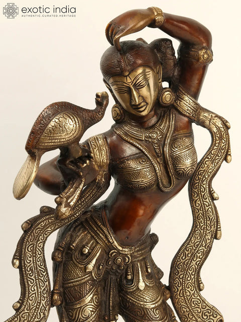 23" Apsara Statue with Peacock Applying Vermillion | Handmade Brass Murti