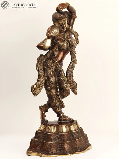 23" Apsara Statue with Peacock Applying Vermillion | Handmade Brass Murti