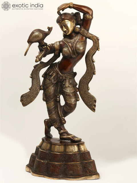 23" Apsara Statue with Peacock Applying Vermillion | Handmade Brass Murti