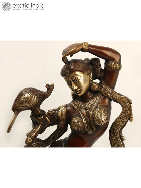 23" Apsara Statue with Peacock Applying Vermillion | Handmade Brass Murti