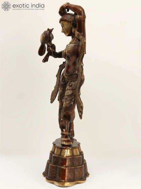 23" Apsara Statue with Peacock Applying Vermillion | Handmade Brass Murti