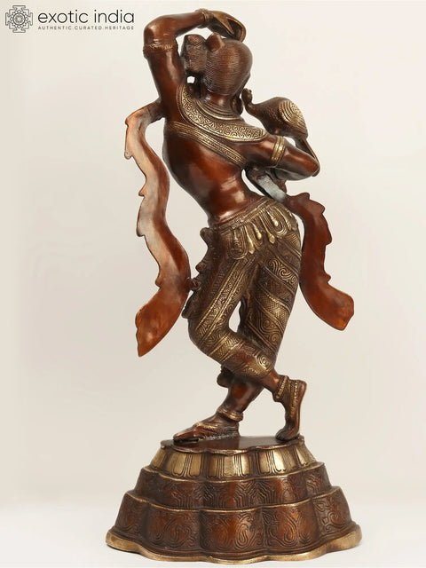 23" Apsara Statue with Peacock Applying Vermillion | Handmade Brass Murti