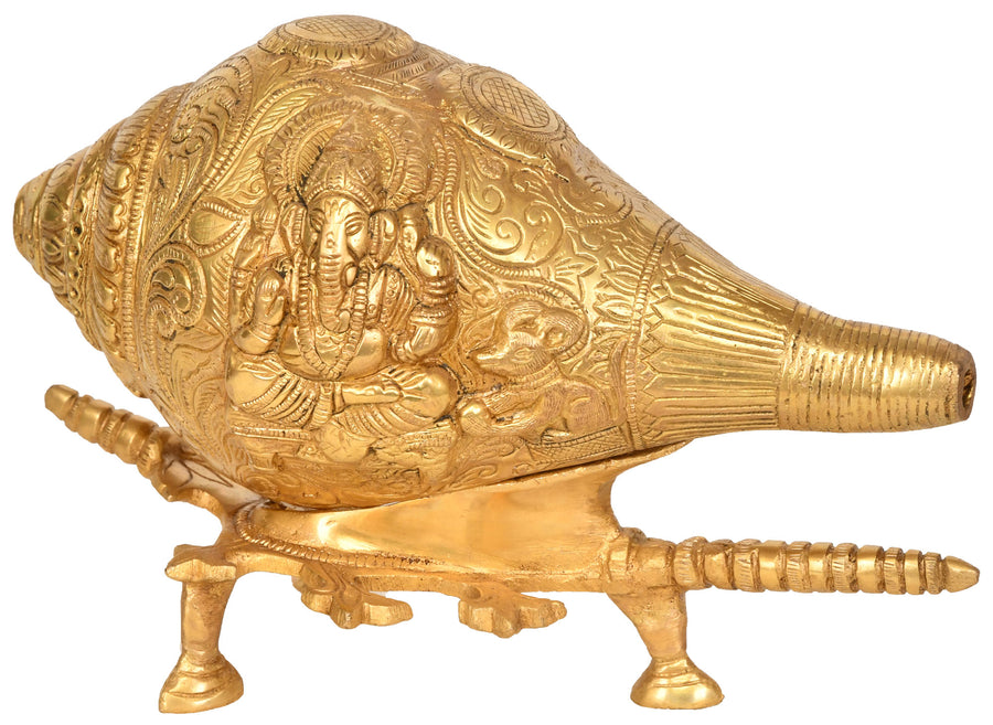 9" Handmade Ganesha Conch Brass Sculpture
