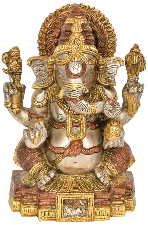 10" Seated Lord Ganesha Brass Statue Handmade