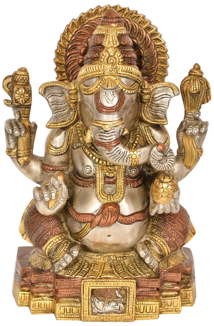 10" Seated Lord Ganesha Brass Statue Handmade