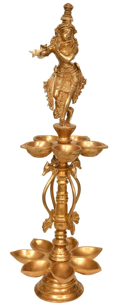 21" Twelve Wick Lord Krishna Lamp in Brass | Handmade | Made in India