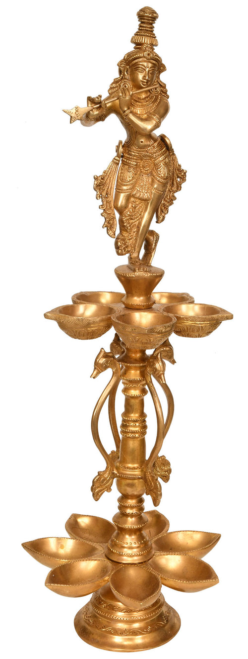 21" Twelve Wick Lord Krishna Brass Lamp Handmade