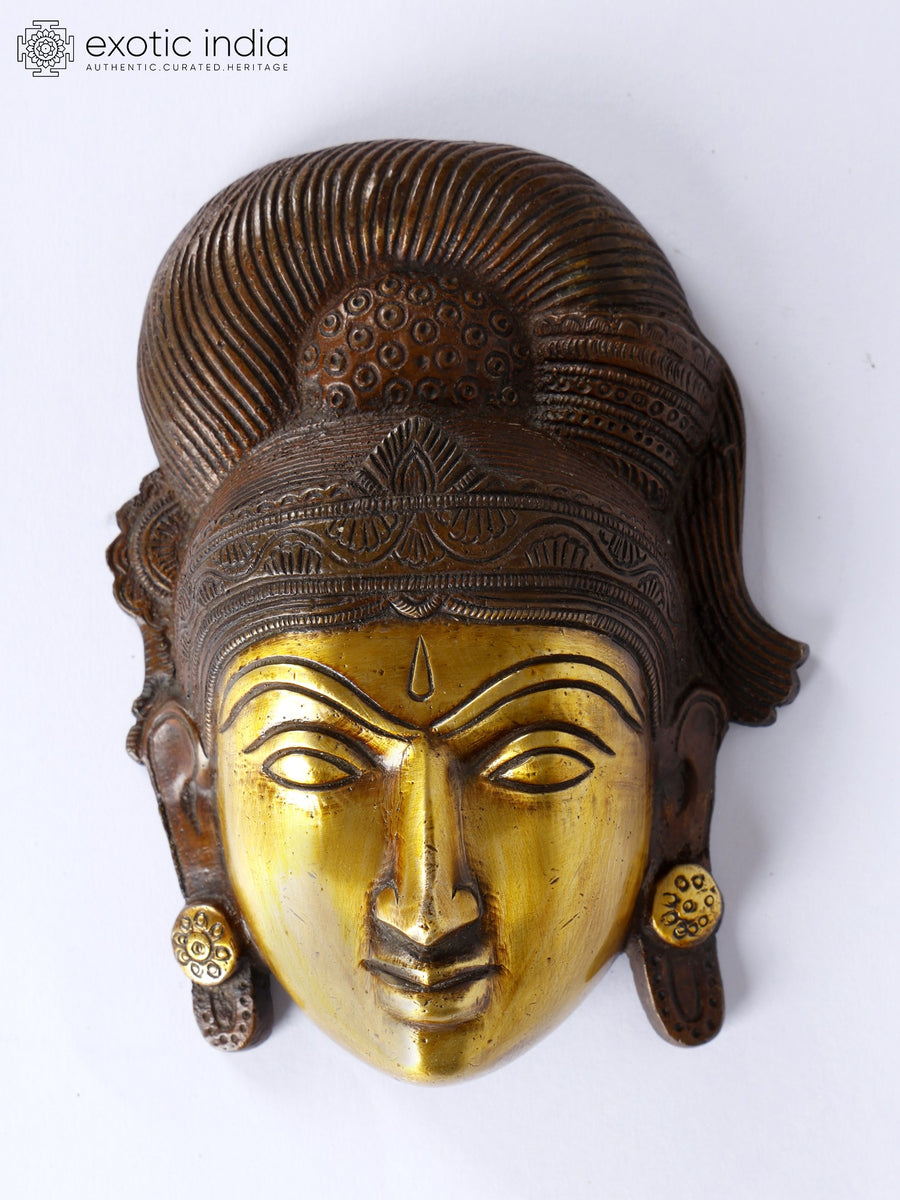 5" Goddess Parvati Brass Wall Hanging Mask with Headdress