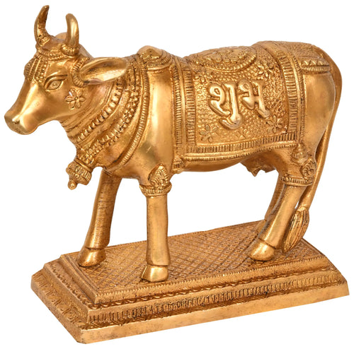 6" Brass Holy Cow Statue with Shubh-Labh Engraved Saddle