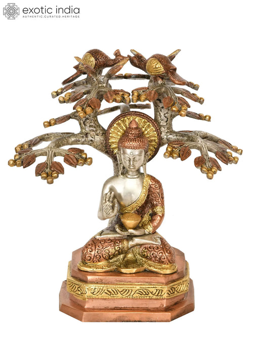9" Lord Buddha Preaching Under Bodhi Tree Brass Statue