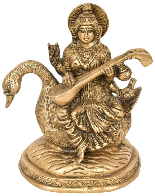 6" Brass Goddess Saraswati Handmade Idol on Swan