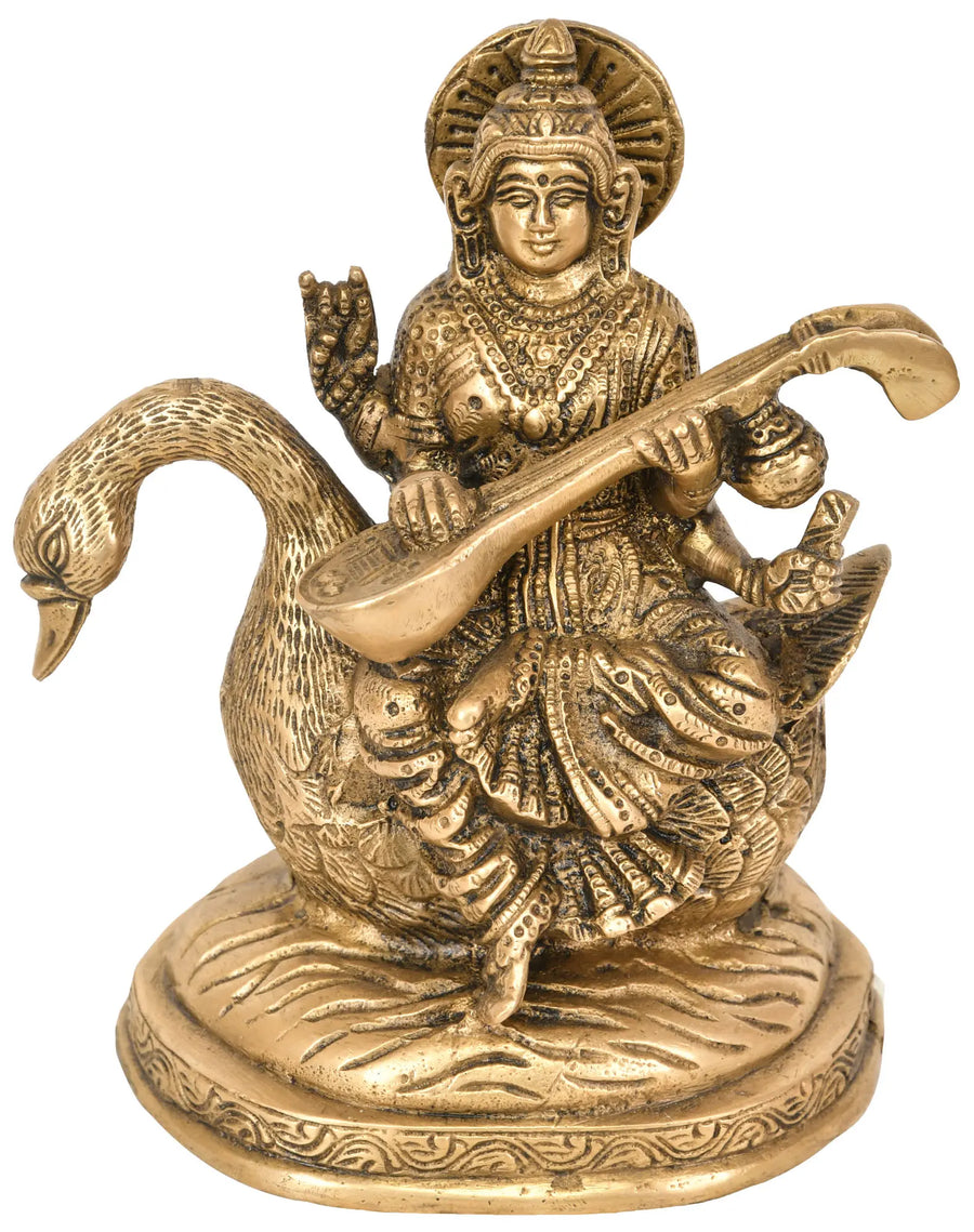 6" Brass Goddess Saraswati Handmade Idol on Swan