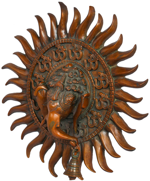 10" Ganesha Mukhamandala Emerging from The Sun: Wall-Hanging in Brass | Handmade
