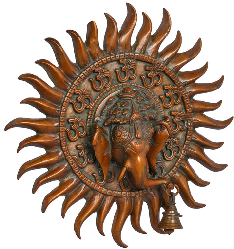 10" Ganesha Mukhamandala Emerging from The Sun: Wall-Hanging in Brass | Handmade