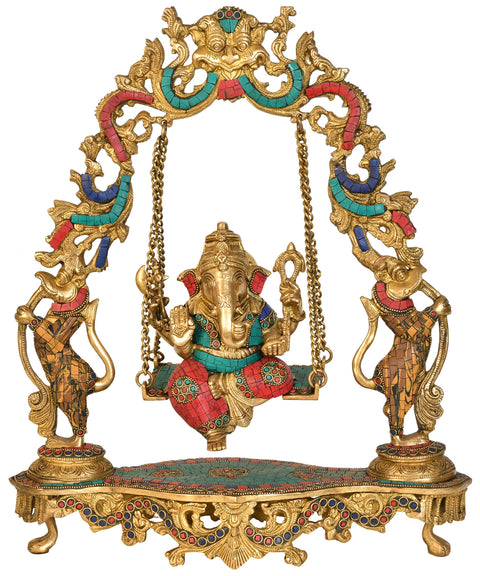 18" Brass Lord Ganesha Statue on Swing with Inlay Work | Handmade | Made in India