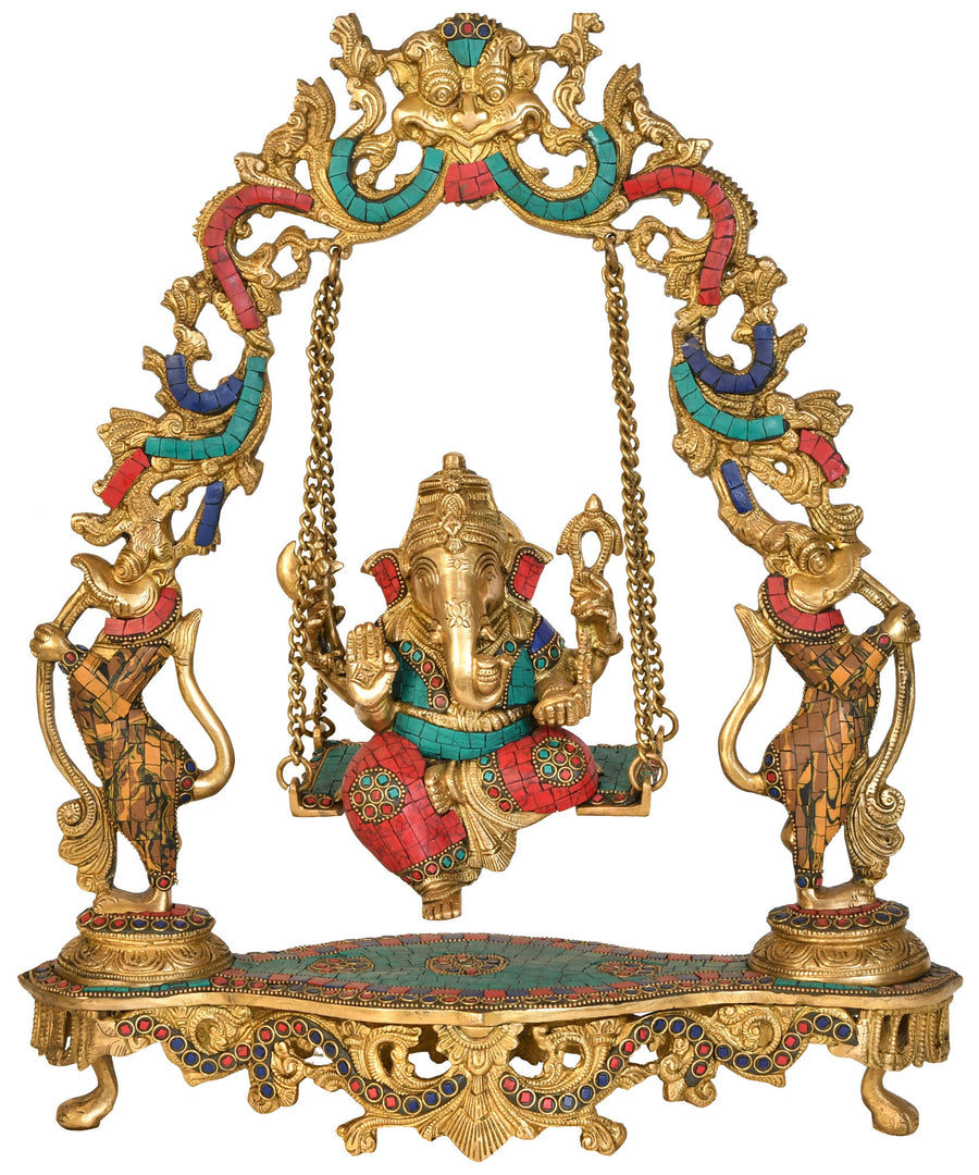 18" Brass Lord Ganesha Statue on Swing with Inlay Work Handmade