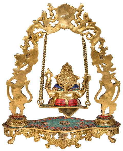 18" Brass Lord Ganesha Statue on Swing with Inlay Work | Handmade | Made in India