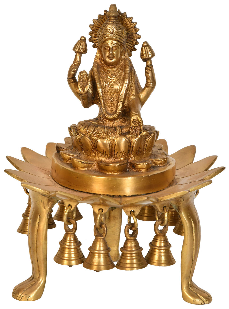 10" Handmade Devi Lakshmi Seated on Lotus Brass Statue with Bells