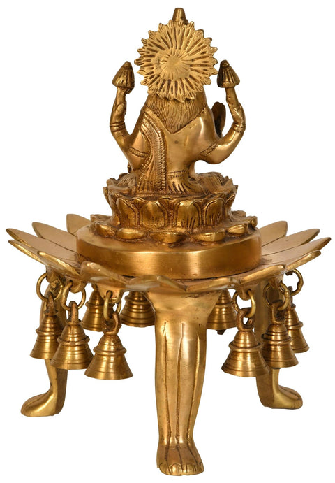 10" Devi Lakshmi Seated on Lotus with Bells In Brass | Handmade | Made In India