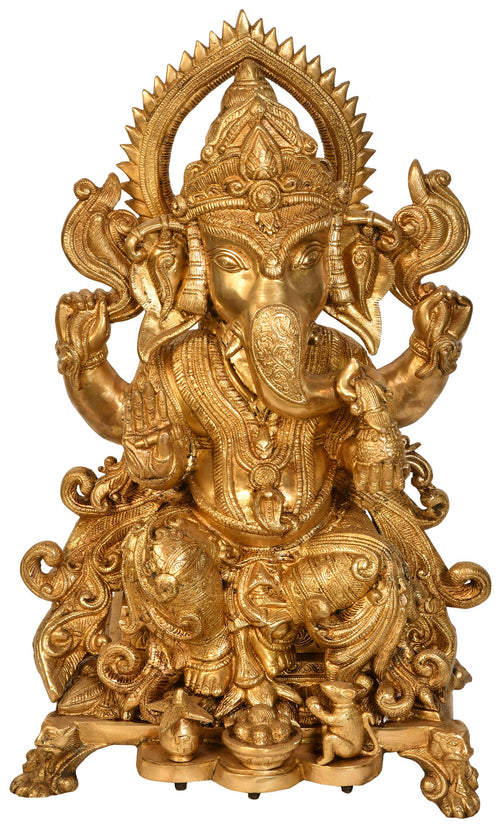 22" Handmade Ganesha Worship Brass Statue with Laddoos and Coconut
