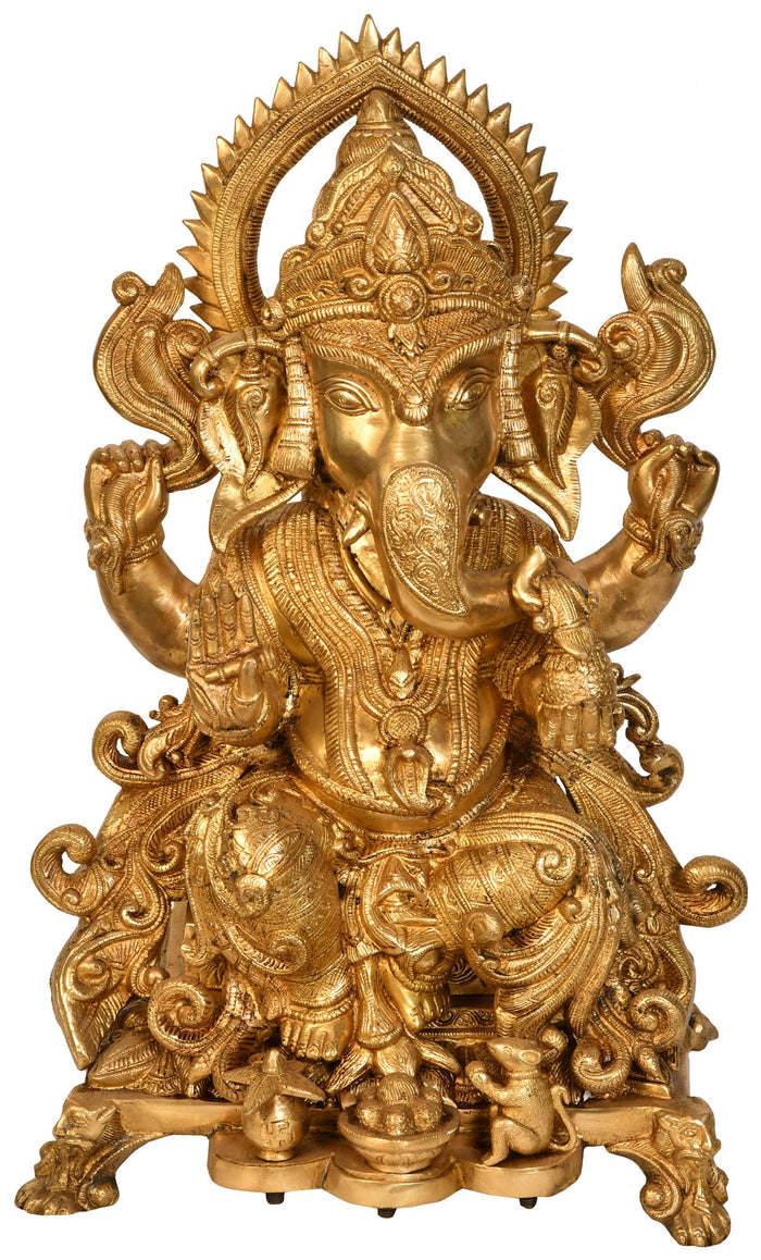 22" Handmade Ganesha Worship Brass Statue with Laddoos and Coconut
