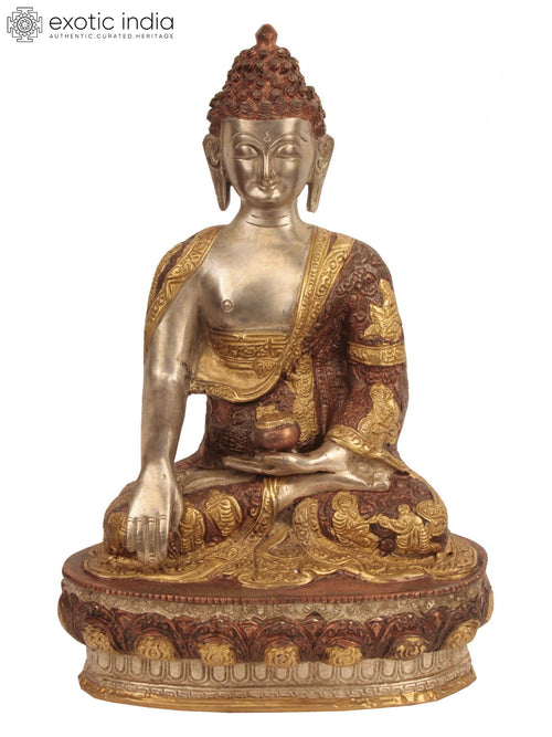 12" Handmade Bhumisparsha Buddha Brass Statue with Life Scene Robes