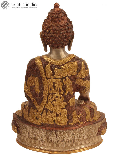 12" Lord Bhumisparsha Buddha (Robes Decorated with the Scenes from His Life) In Brass | Handmade | Made In India