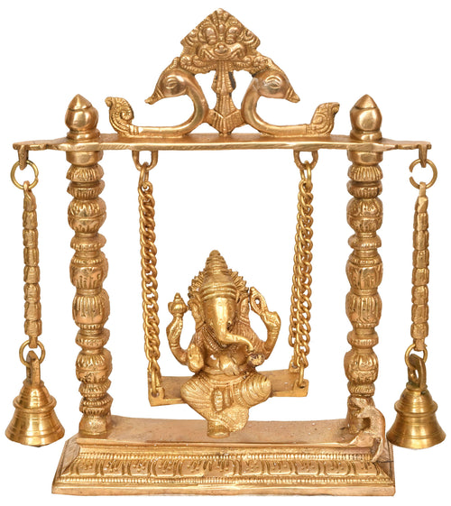 10" Lord Ganesha on Swing Brass Statue with Hanging Bells