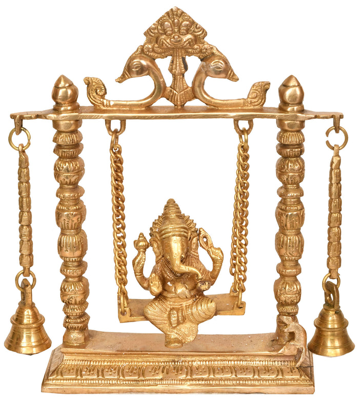 10" Lord Ganesha on Swing Brass Statue with Hanging Bells