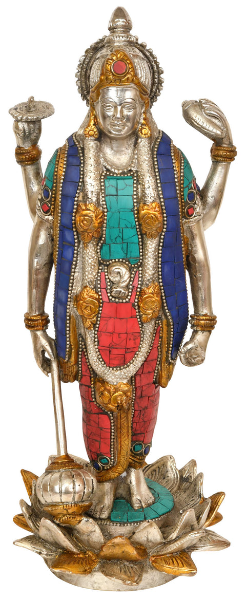 12" Four Armed Vishnu Standing on Lotus In Brass | Handmade | Made In India
