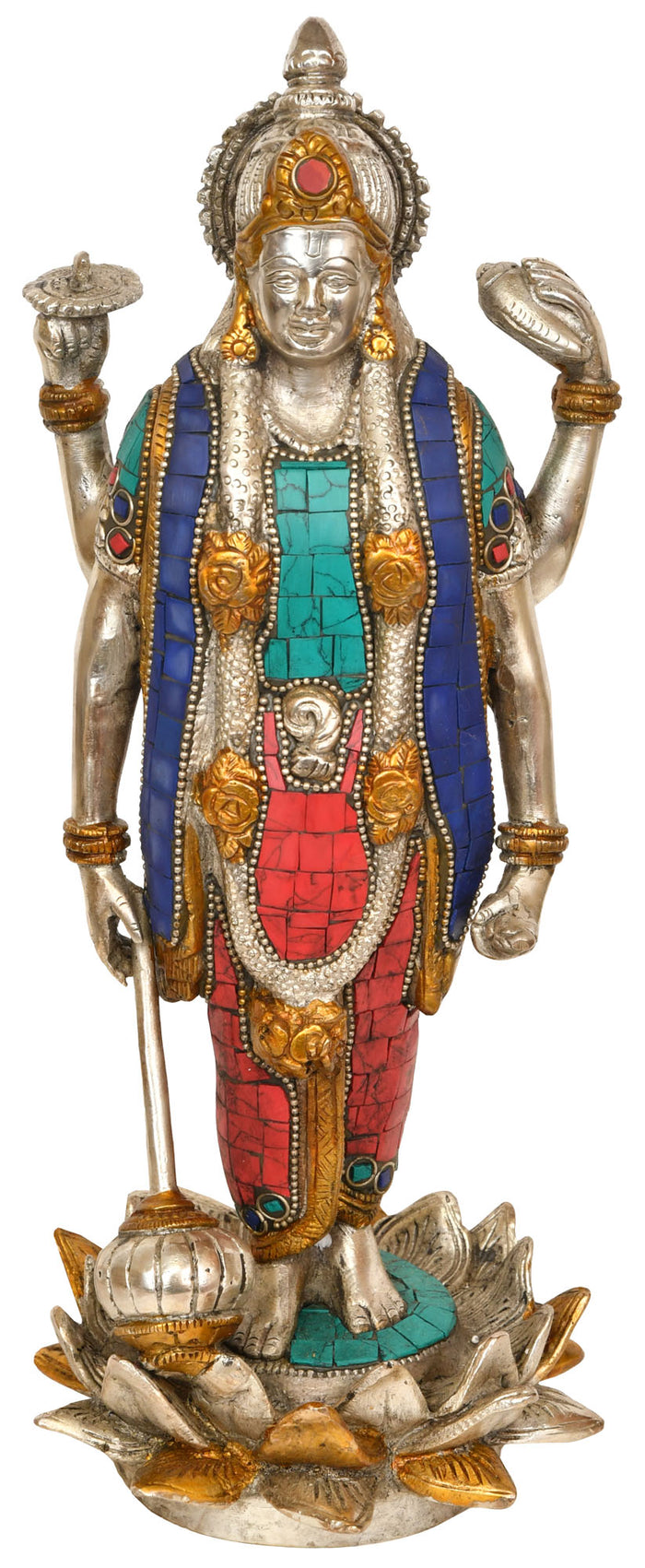12" Four Armed Vishnu Standing on Lotus Brass Statue Handmade