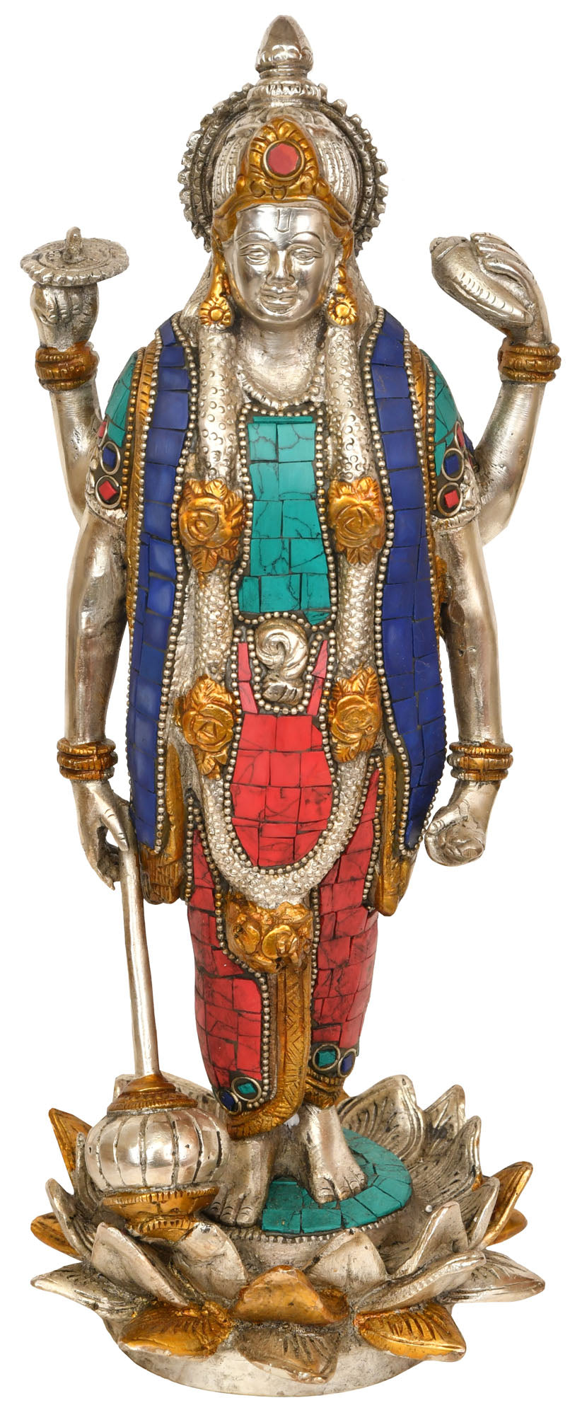 12" Four Armed Vishnu Standing on Lotus Brass Statue Handmade