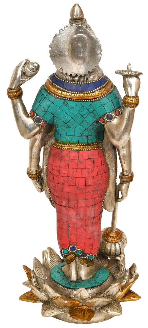 12" Four Armed Vishnu Standing on Lotus In Brass | Handmade | Made In India