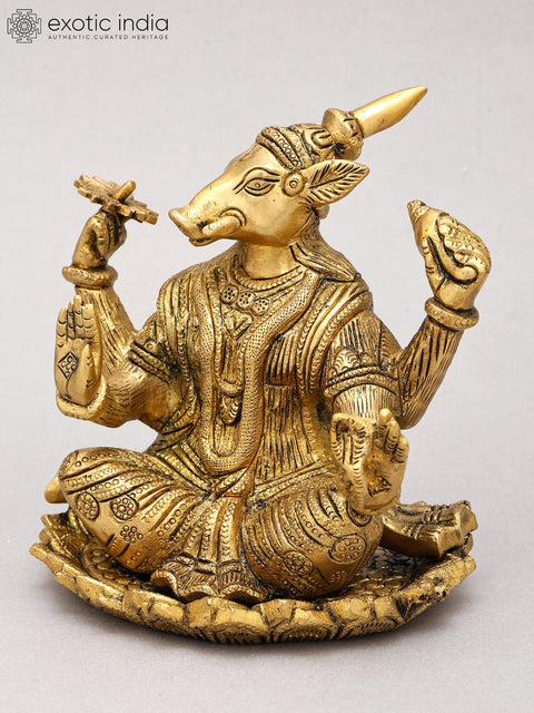 6" Small Blessing Lord Varaha In Brass | Handmade | Made In India