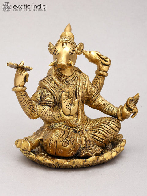 6" Small Blessing Lord Varaha In Brass | Handmade | Made In India